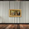 picture hanging in front of curtains or drapes with steel chain