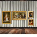 picture hanging in front of curtains or drapes with steel chain